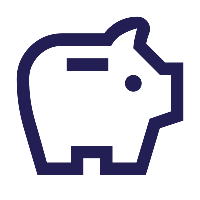 A simple line drawing of a piggy bank in dark blue outline.