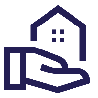 A hand holding a house icon with a window, representing housing or real estate.