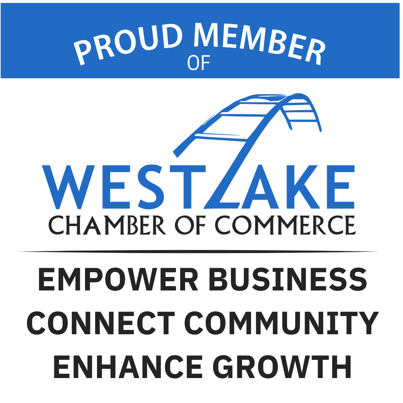 Blue and black badge with white text that reads "Proud Member of Westlake Chamber of Commerce" and a stylized blue bridge logo.