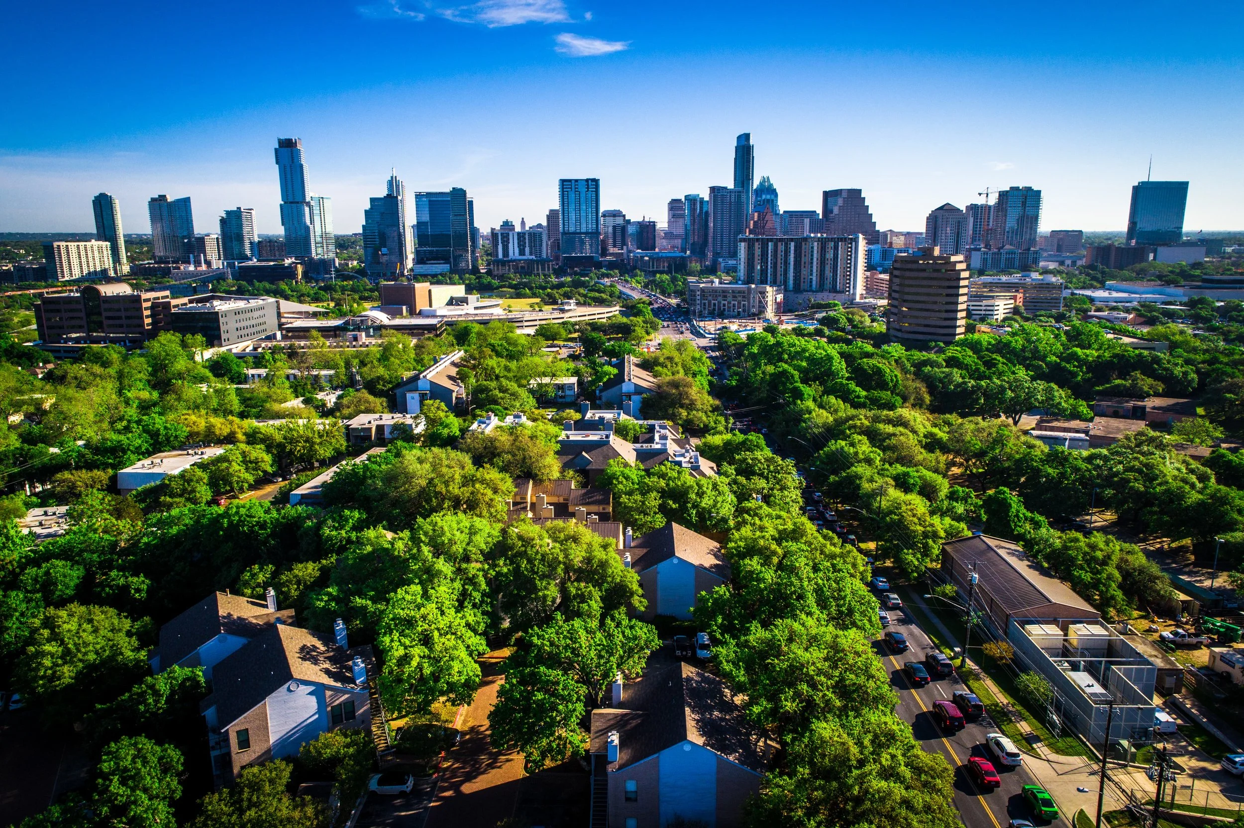A city skyline with tall modern skyscrapers amidst lush green trees under a clear blue sky.