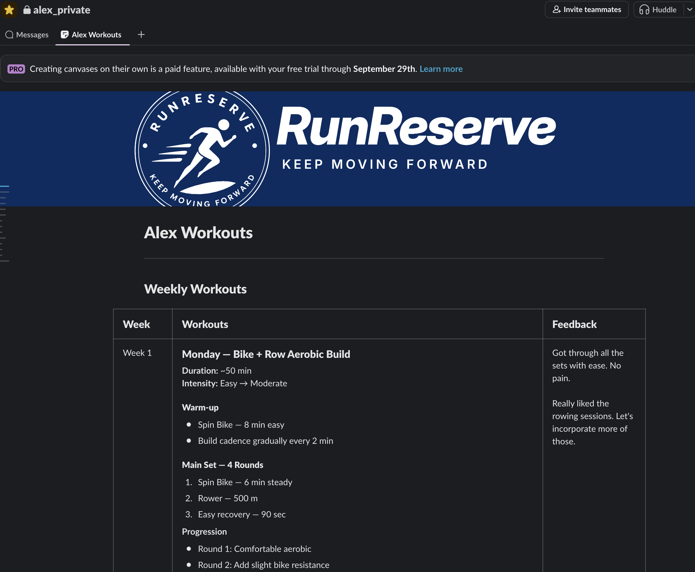 A digital screenshot of a workout plan webpage titled "RunReserve" with the slogan "Keep Moving Forward." The plan includes weekly workouts focusing on cycling and rowing, with detailed instructions and durations for each exercise. The webpage also features a logo with a running figure inside a circle, and various menu options related to workouts and feedback.