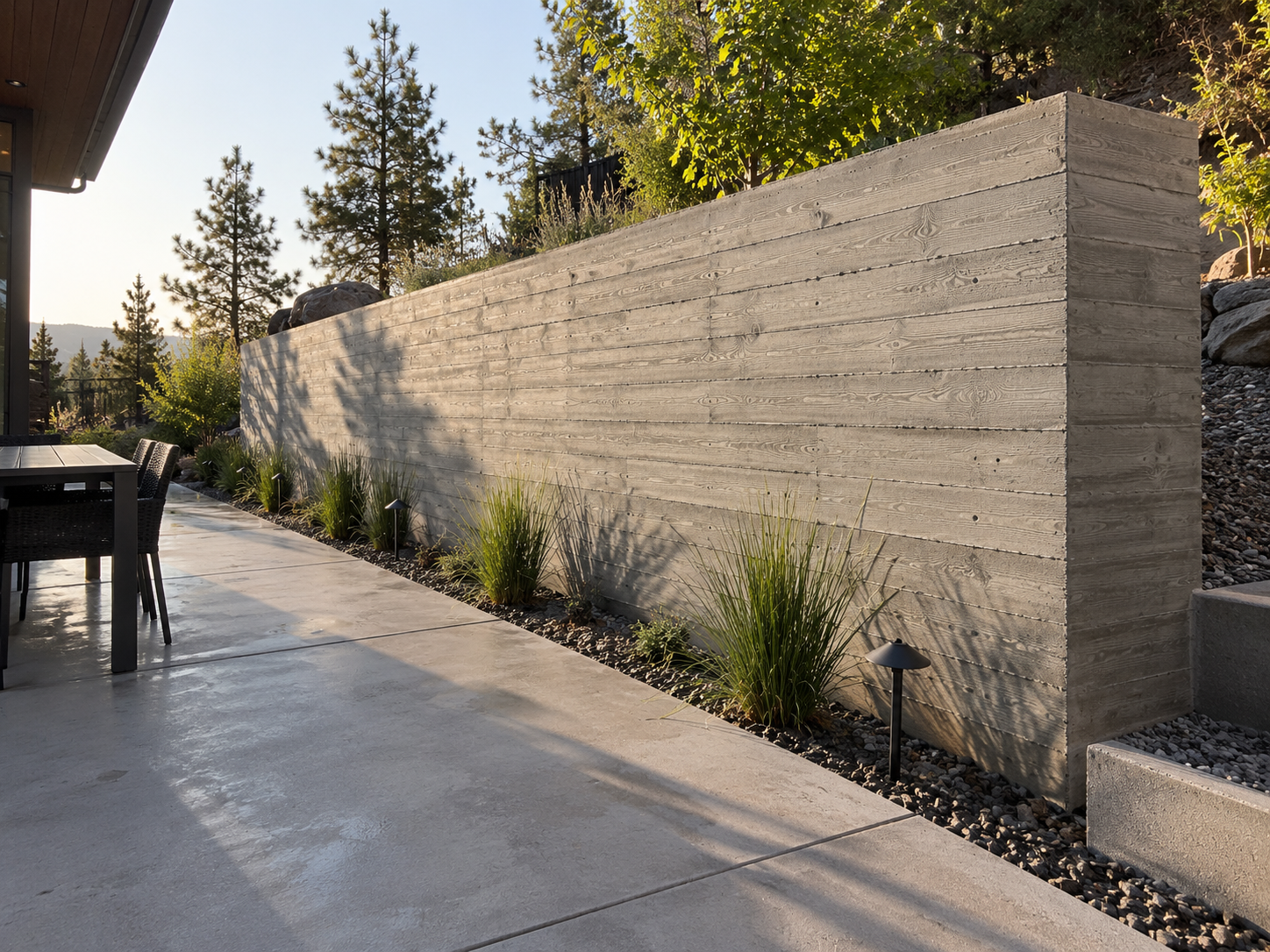 Modern outdoor patio with a large concrete retaining wall, small outdoor plants, and black outdoor lighting fixtures. Table and chairs are visible on the left side. Trees and hills in the background.