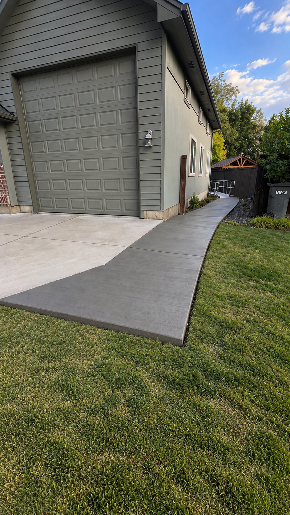 A concrete and wood ramp leading to the side door of a house, with a grassy yard and shrubs on either side under a partly cloudy sky.