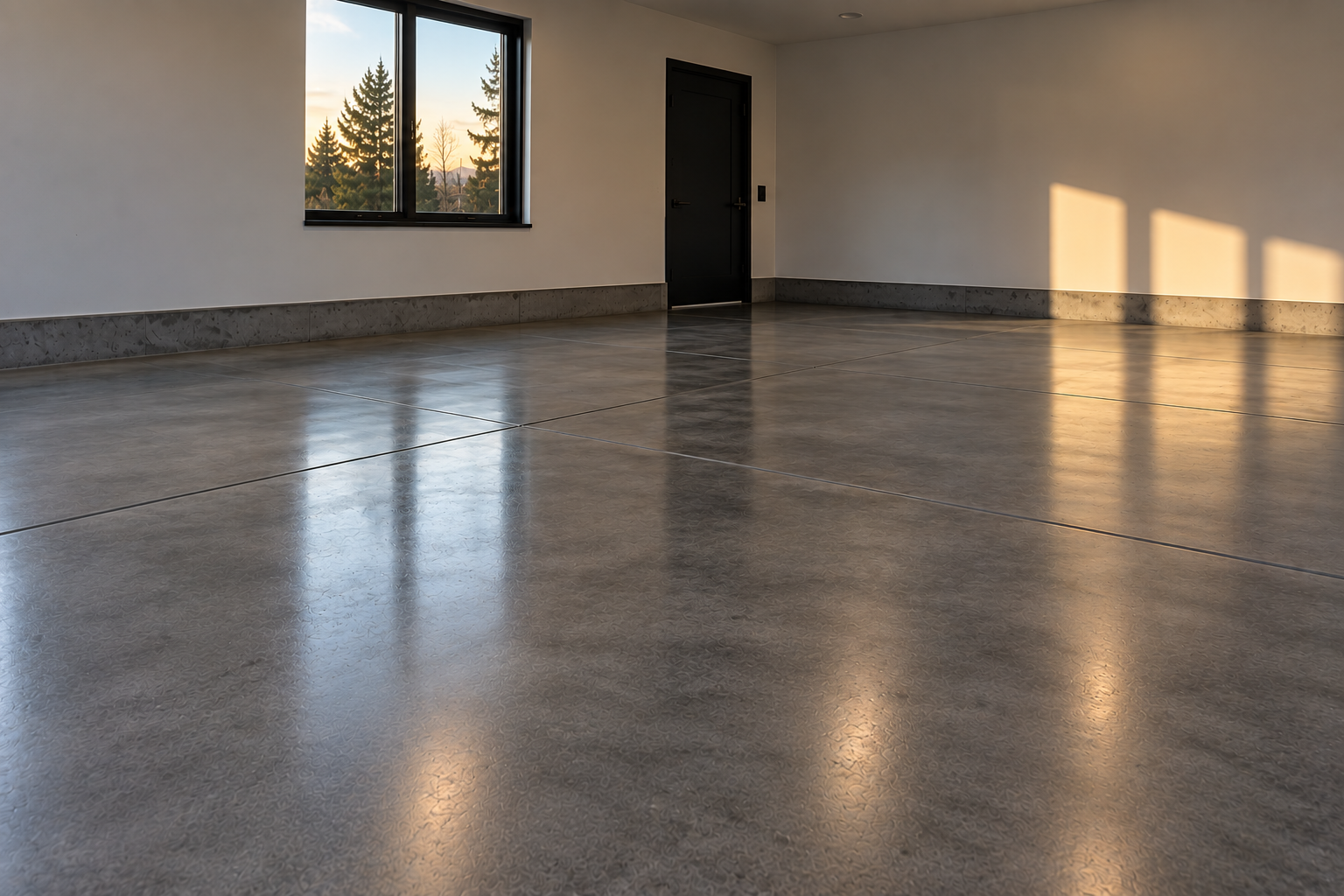 Empty room with polished concrete floor, white walls, a window showing trees outdoors, and sunlight casting shadow patterns on the wall.