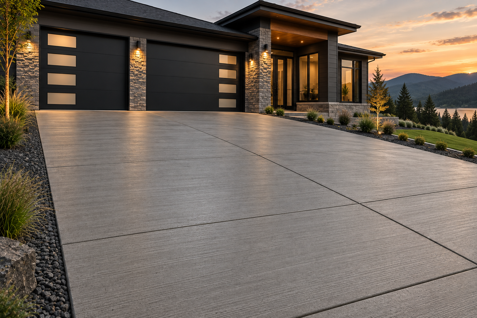 Modern house with a large concrete driveway, black garage doors, outdoor lighting, and landscaped yard, overlooking mountains and a sunset sky.