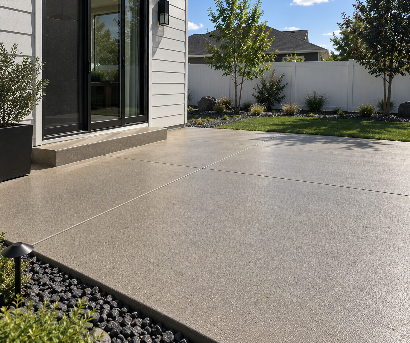 Backyard patio with concrete flooring, a sliding glass door, a small step, grass, trees, shrubs, rocks, and a white fence.