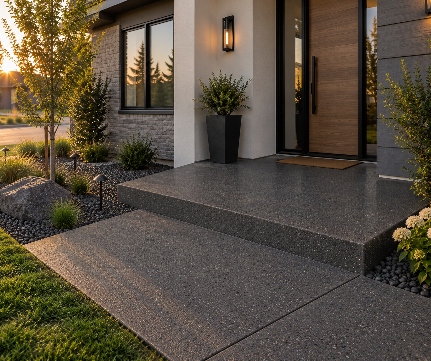 Modern house entrance with dark gray terrazzo steps, potted plant, and outdoor lighting, surrounded by landscaped garden with small trees, rocks, and grass during sunset.