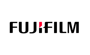 Fujifilm logo in black letters with a red symbol above "j".