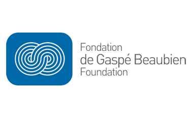 Logo de la Fondation Gaspé Beaubien avec un symbole abstrait bleu et le nom de l'organisation.