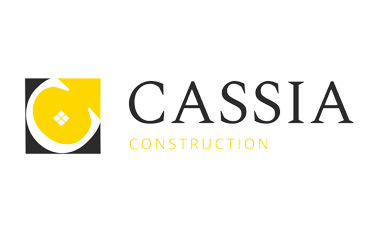 Logo de la société Cassia Construction, avec un symbole circulaire jaune et noir, et le texte 'CASSIA' en grande police noire et 'CONSTRUCTION' en jaune.