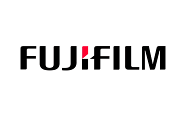 Fujifilm logo in black letters with a red symbol above "j".