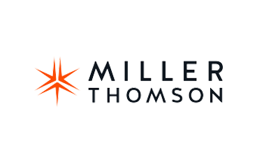 Logo de Miller Thomson avec une étoile orange à huit branches et le texte en blanc sur fond noir.