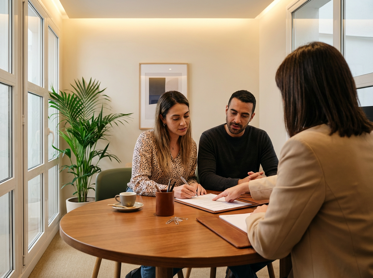 A woman with dark hair and a beige jacket points to a document on a wooden table during a meeting with a man and another woman.