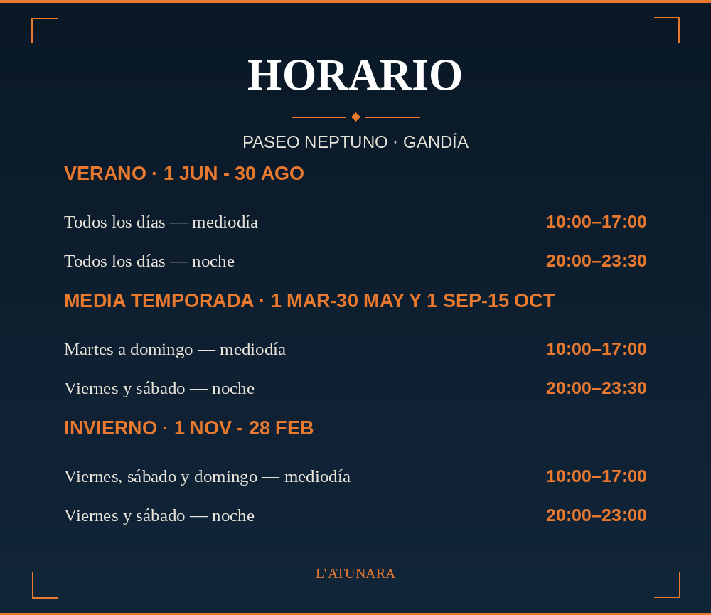 Horario de funcionamiento en diferentes temporadas para Paseo Neptuno en Gandía, incluyendo verano, media temporada e invierno, con horarios específicos para día y noche.