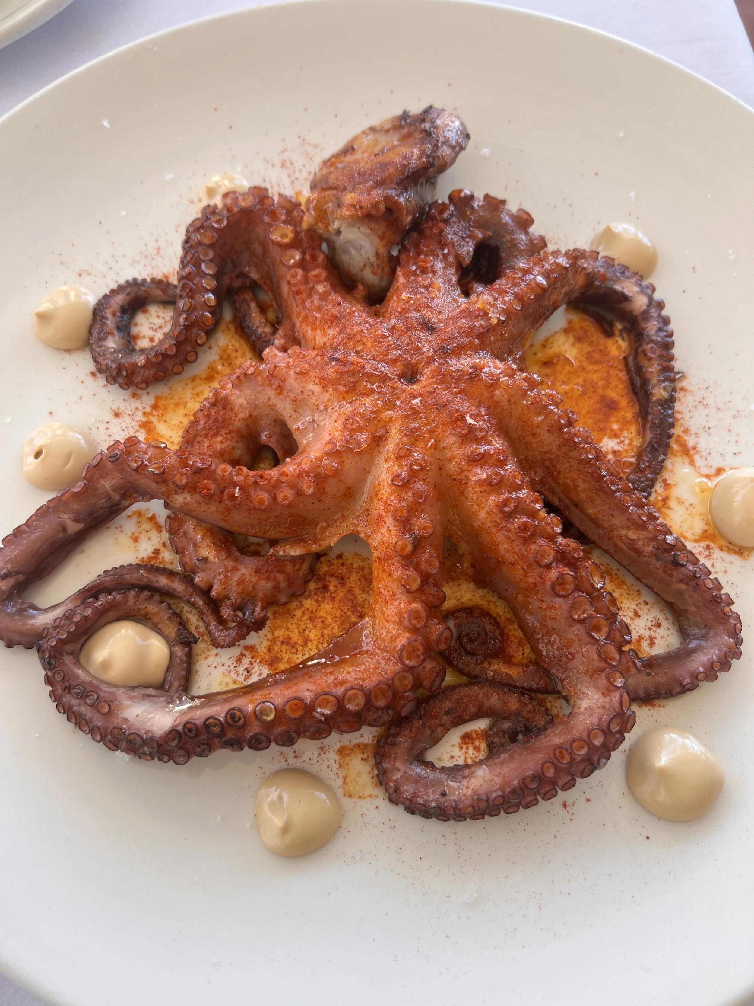 Pulpo a la parrilla con salsa y decoraciones de mayonesa en un plato blanco