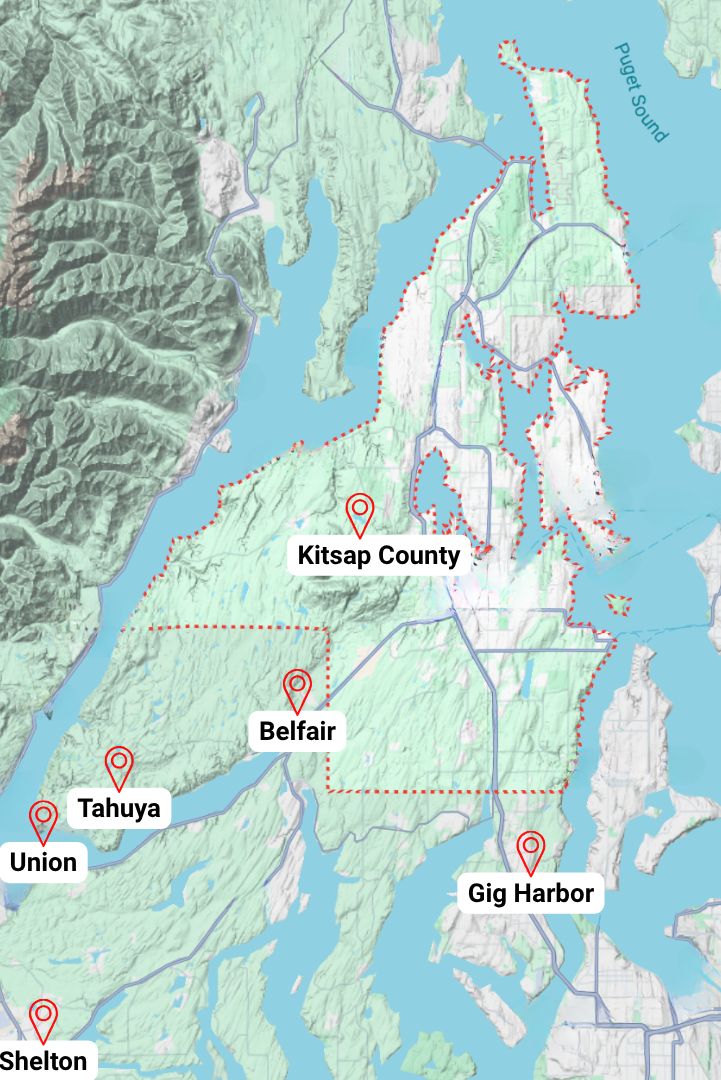Map showing various locations in Kitsap County, Washington, including Union, Shelton, Tahuya, Belfair, Gig Harbor, and Kitsap County, with geographical features such as Puget Sound and surrounding land areas.