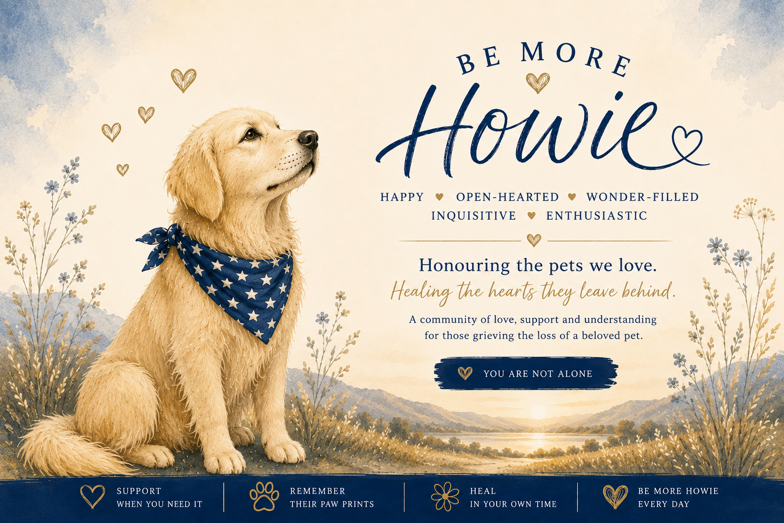 A memorial poster features a golden retriever puppy with wet fur, wearing a blue bandana with white stars, sitting outdoors with mountains and a sunset in the background. The text emphasizes honoring beloved pets, healing hearts, and supporting those grieving pet loss.