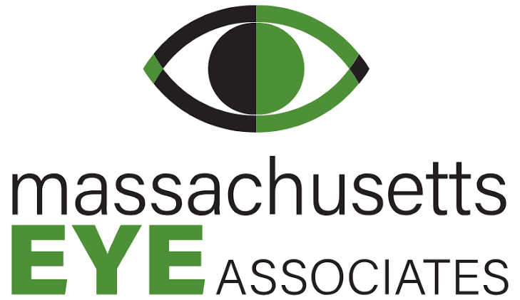 Logo for Massachusetts Eye Associates featuring a stylized eye in black and green, with the company name written below.