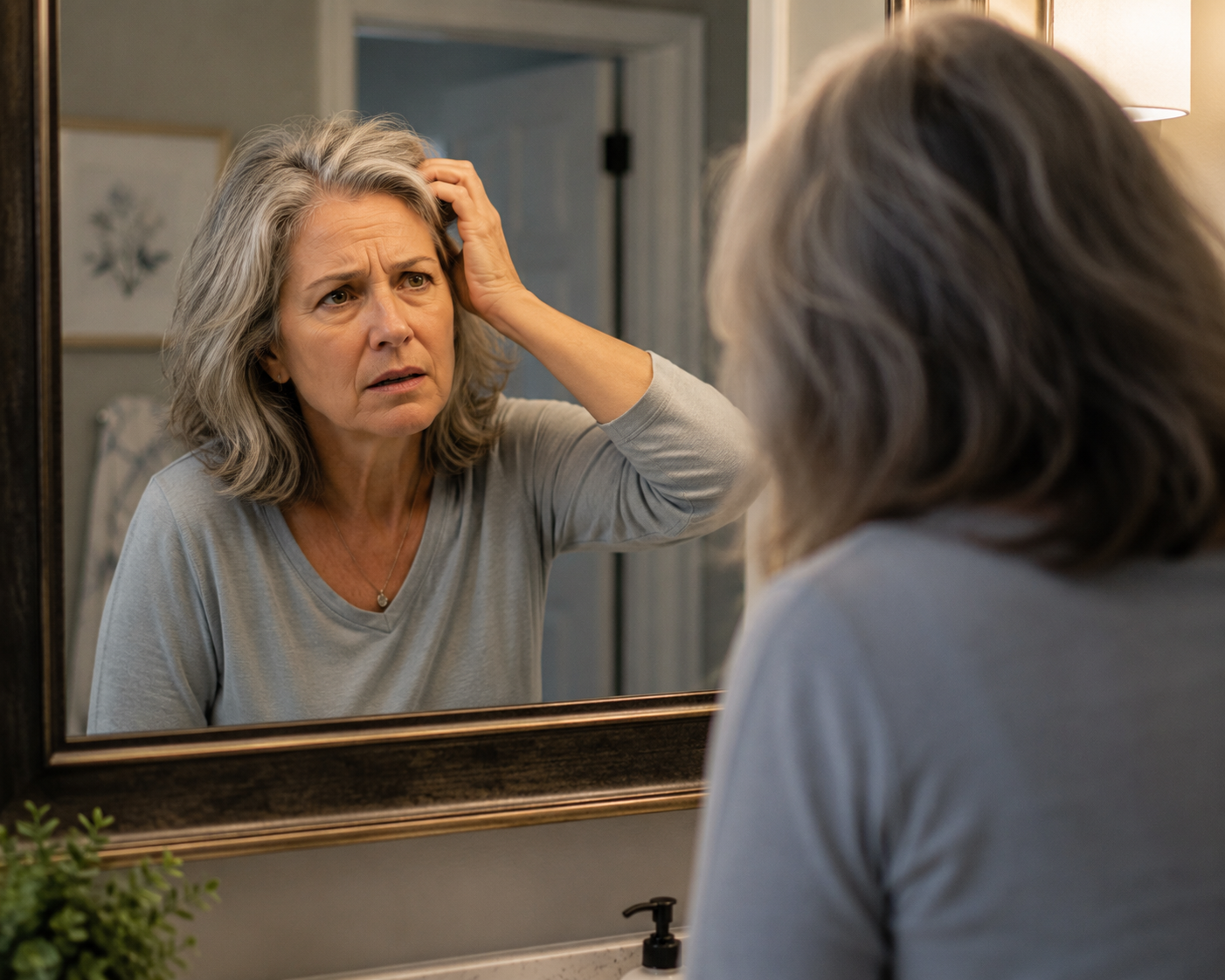 An older woman with gray hair looking at herself in a mirror, appearing concerned and touching her head with her hand. She is wearing a light gray shirt and standing in a bathroom.