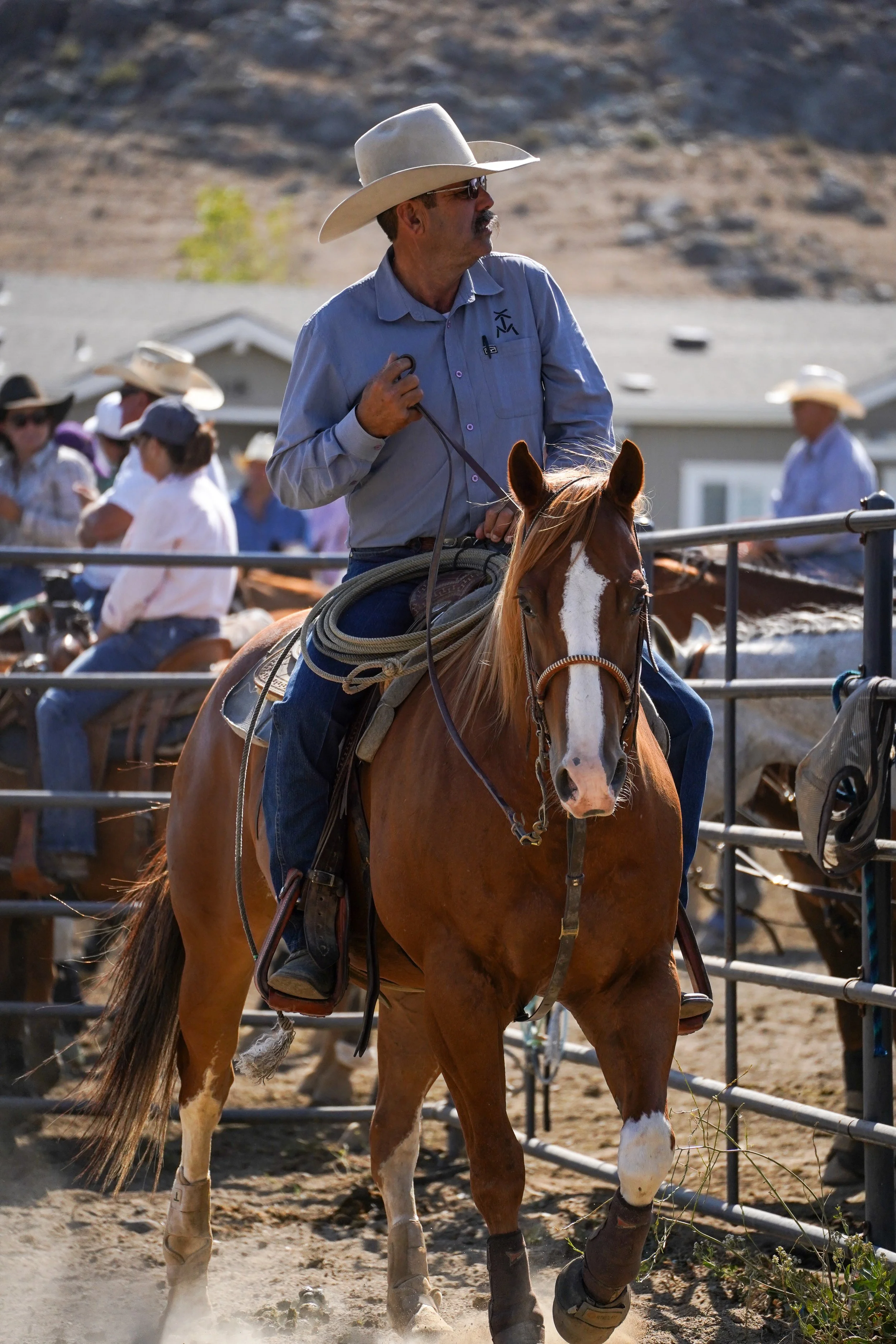 A man wearing a cowboy hat, sunglasses, and a blue shirt riding a brown and white horse at a rodeo or equestrian event, with other riders and spectators in the background.