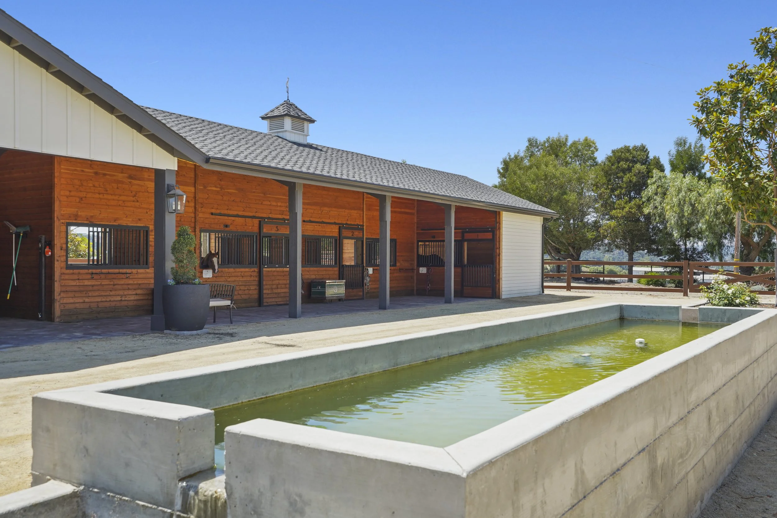 View of a barn with a sloped gray shingle roof, wooden walls, and horse stalls, next to a rectangular pool filled with greenish water, surrounded by trees under a clear blue sky.