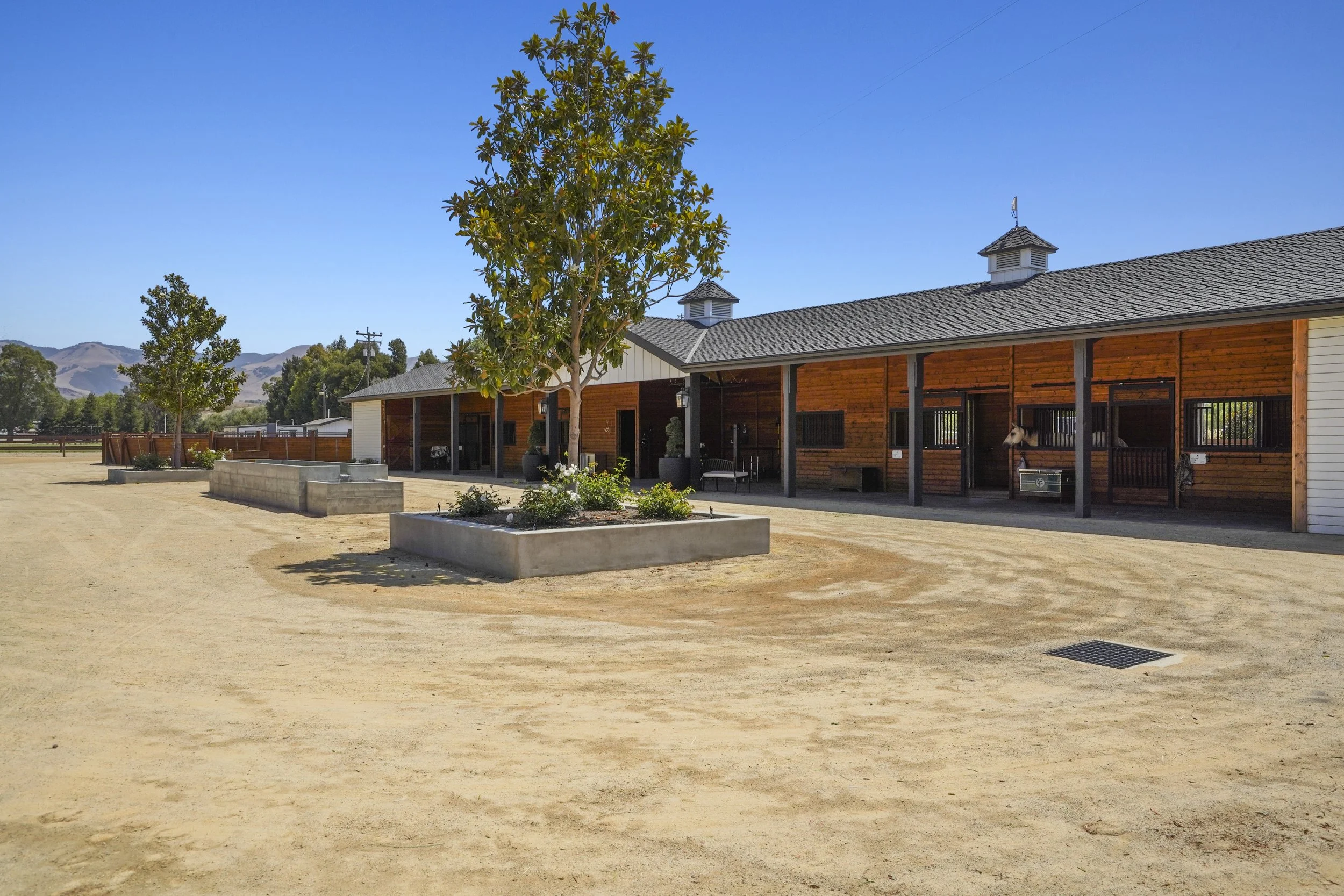 A rural stable with a sandy yard, two trees, and a wooden building with two small cupolas and open stalls, under a clear blue sky with mountains in the background.