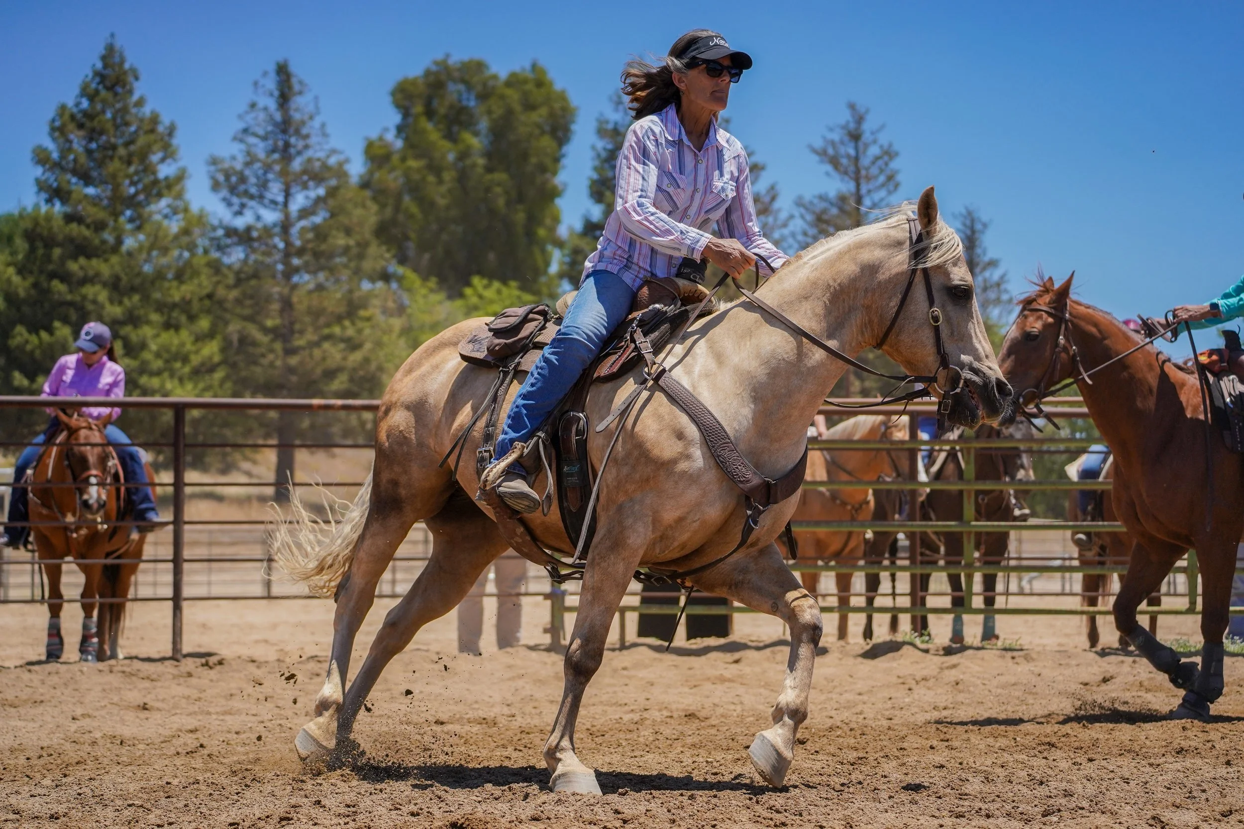 A woman riding a light-colored horse in a riding arena on a sunny day, wearing sunglasses, a cap, and casual clothing, with trees in the background.