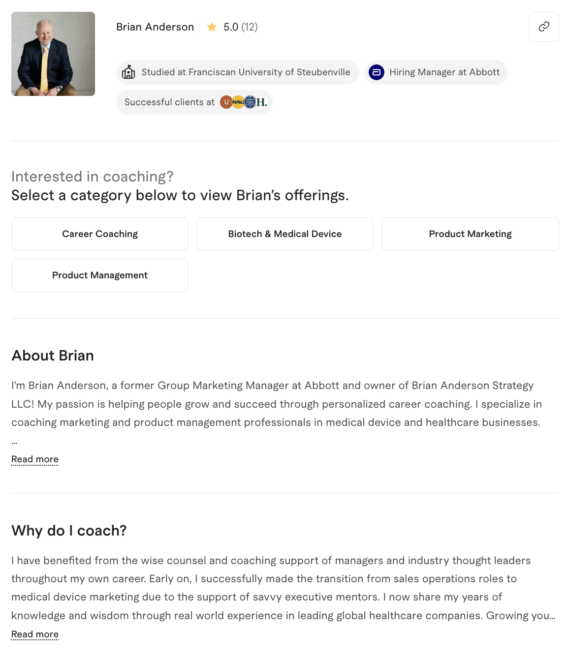 Professional profile webpage of Brian Anderson on Leland with his photo, education, employment, and coaching services details.