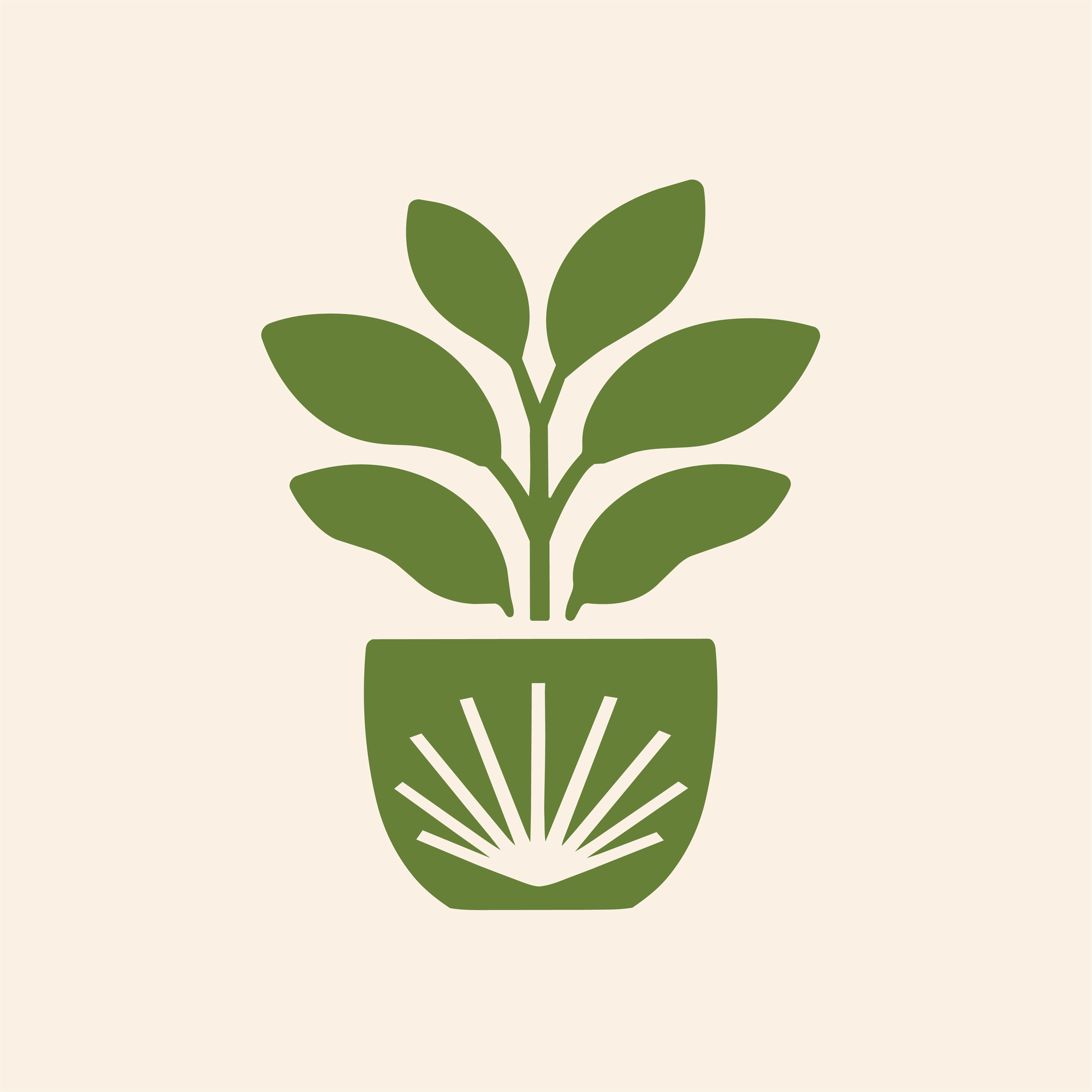 Minimalist illustration of green leaves and a plant growing from a green pot, set against a light beige background.