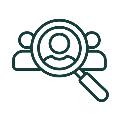 Icon of a person surrounded by a magnifying glass with a magnified view of a person, representing search or investigation into individuals.