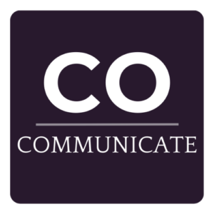 Logo with the text 'CO' above the word 'COMMUNICATE' on a dark background