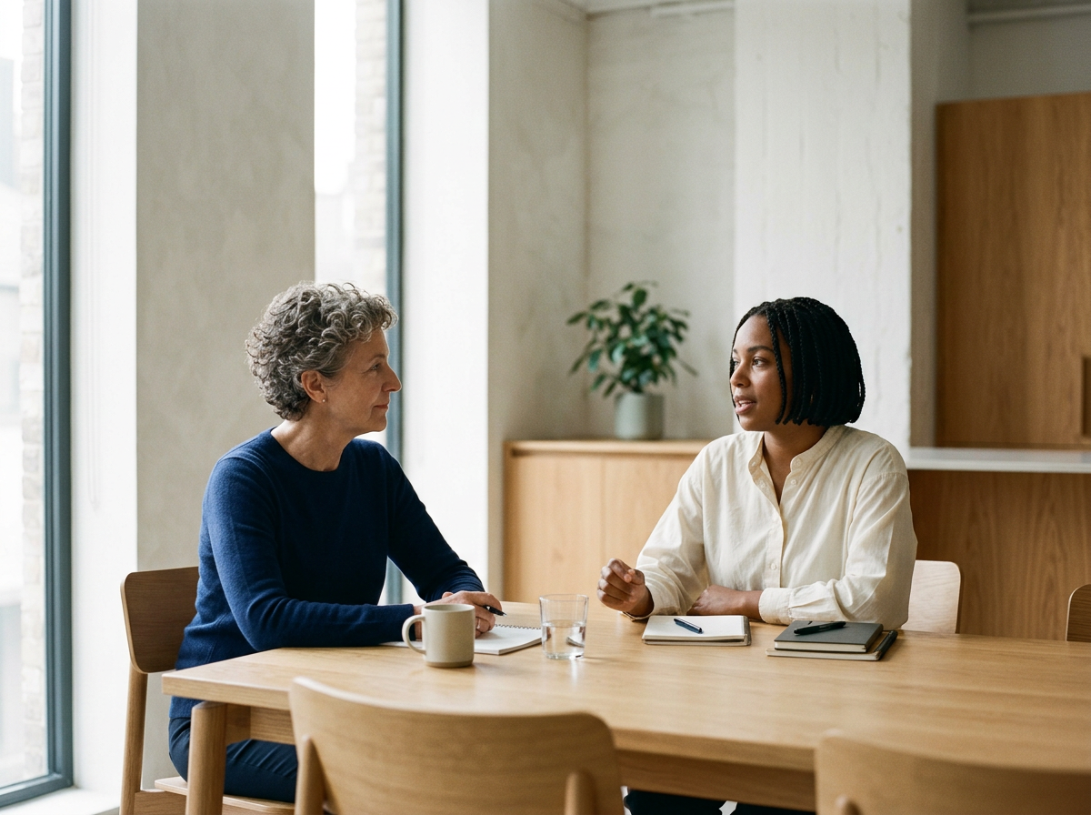 Two women having a conversation at a wooden table in a bright, modern office with large windows and a potted plant in the background.