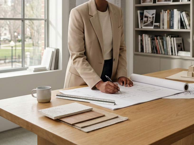 Person in beige blazer working on architectural plans at a wooden table in a bright room with large windows and bookshelves.