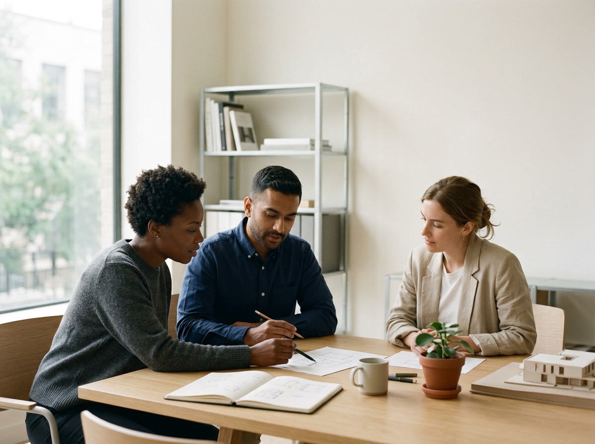 Three people sitting at a conference table in a bright office, discussing documents with a potted plant, a coffee mug, and architectural models on the table.