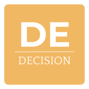 A square sign with a yellow background displaying 'DE' in large white letters and 'DECISION' below in smaller white letters.
