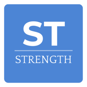 Blue square sign with white text reading 'STRENGTH' and a large 'ST' at the top.