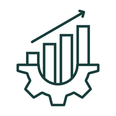 Graph with ascending bars and an upward arrow inside a gear, symbolizing business growth or process optimization.