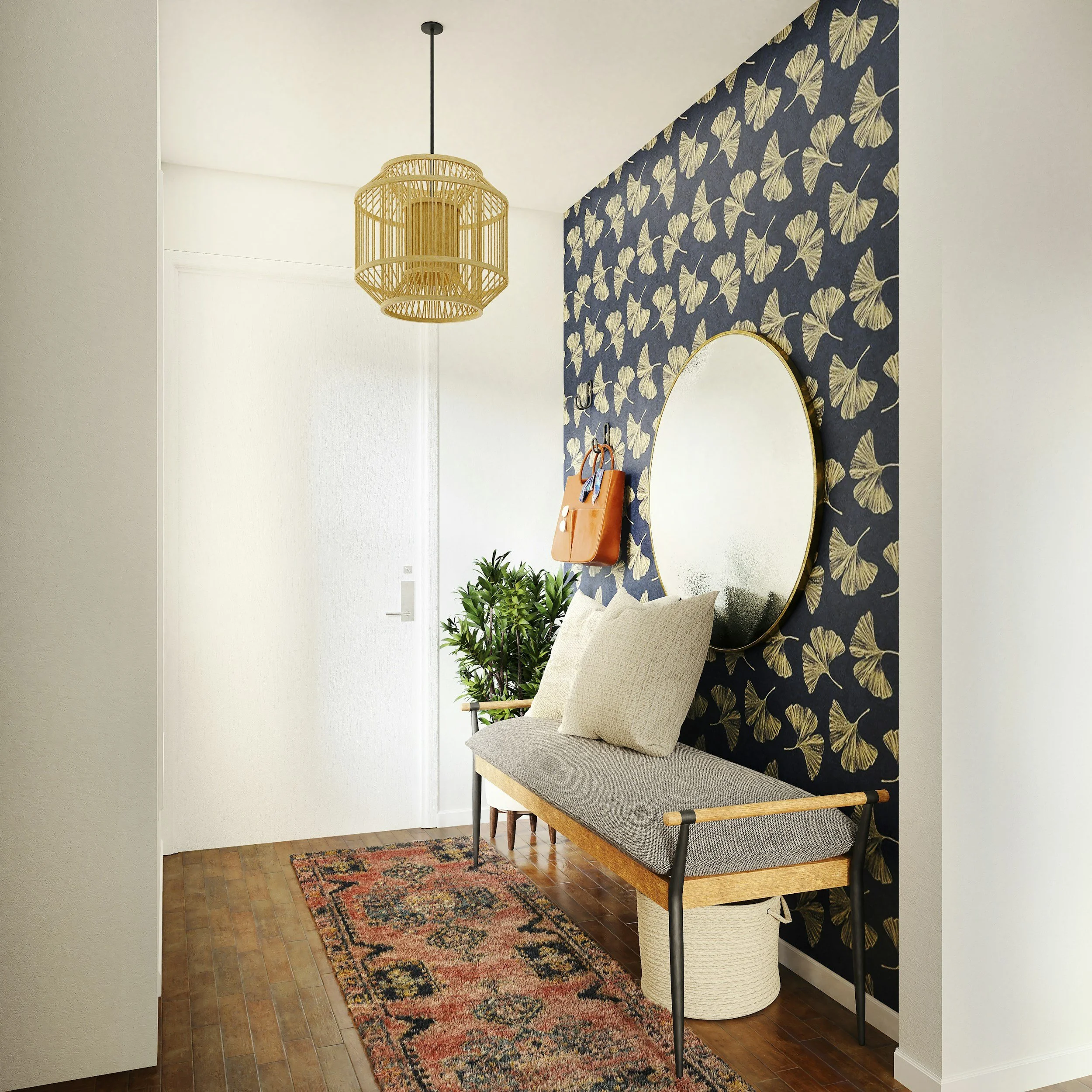 Entryway with a wooden bench, beige pillow, plants, a round mirror, dark floral wallpaper, wicker pendant light, small rug, and door.