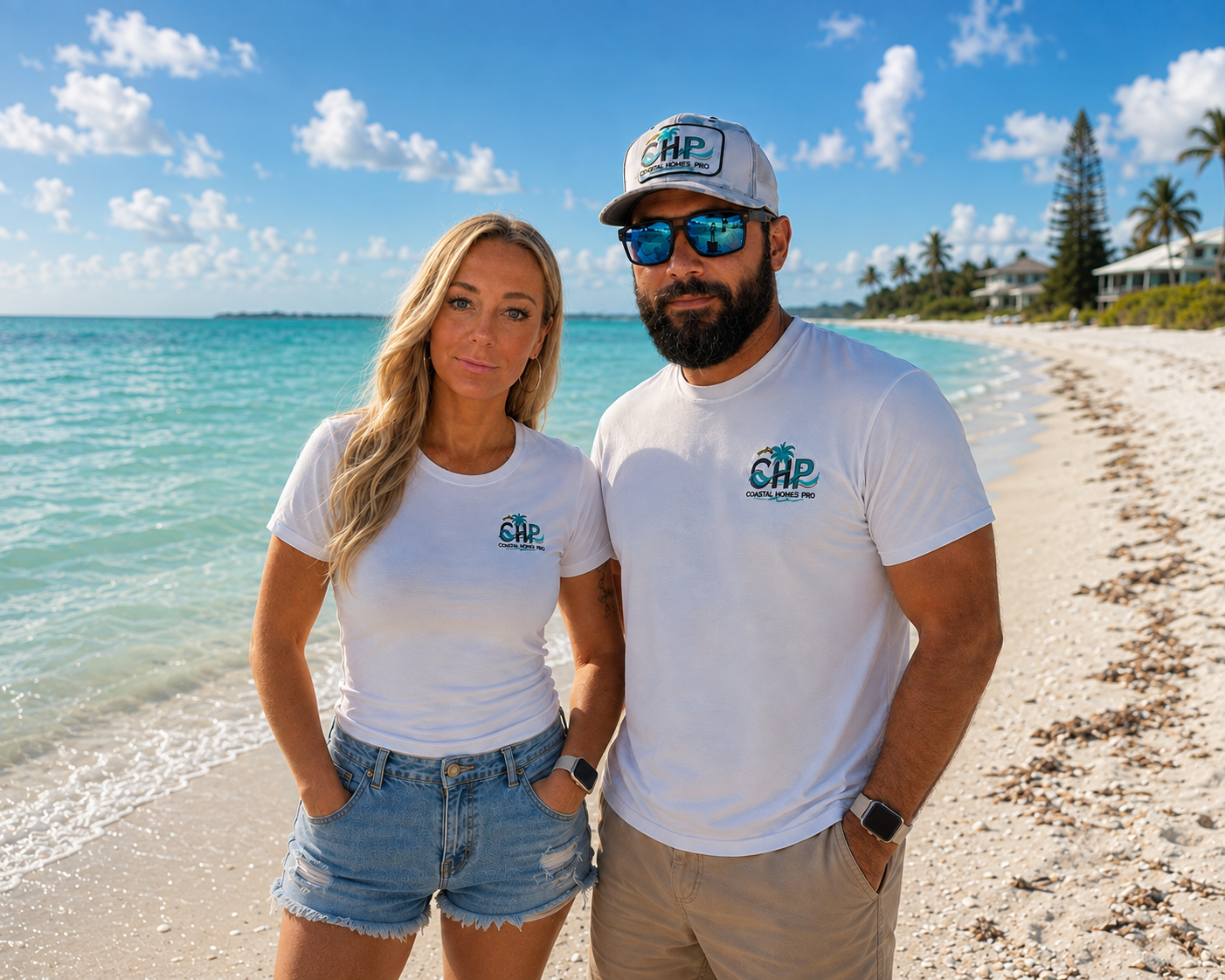 A woman and a man standing on a beach with the ocean and houses in the background, both wearing white T-shirts with a coastal homes logo.
