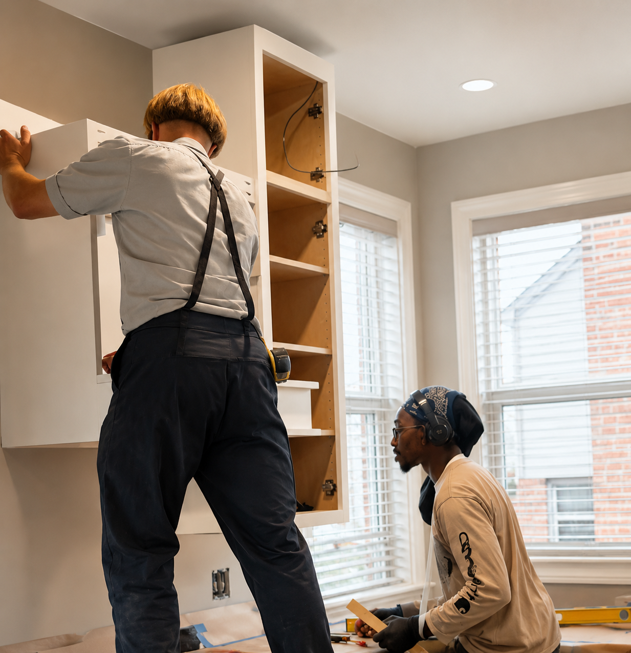 Two men installing or repairing a cabinet in a bright room with large windows. One man stands on a surface working on the cabinet, the other crouches on the floor holding tools.