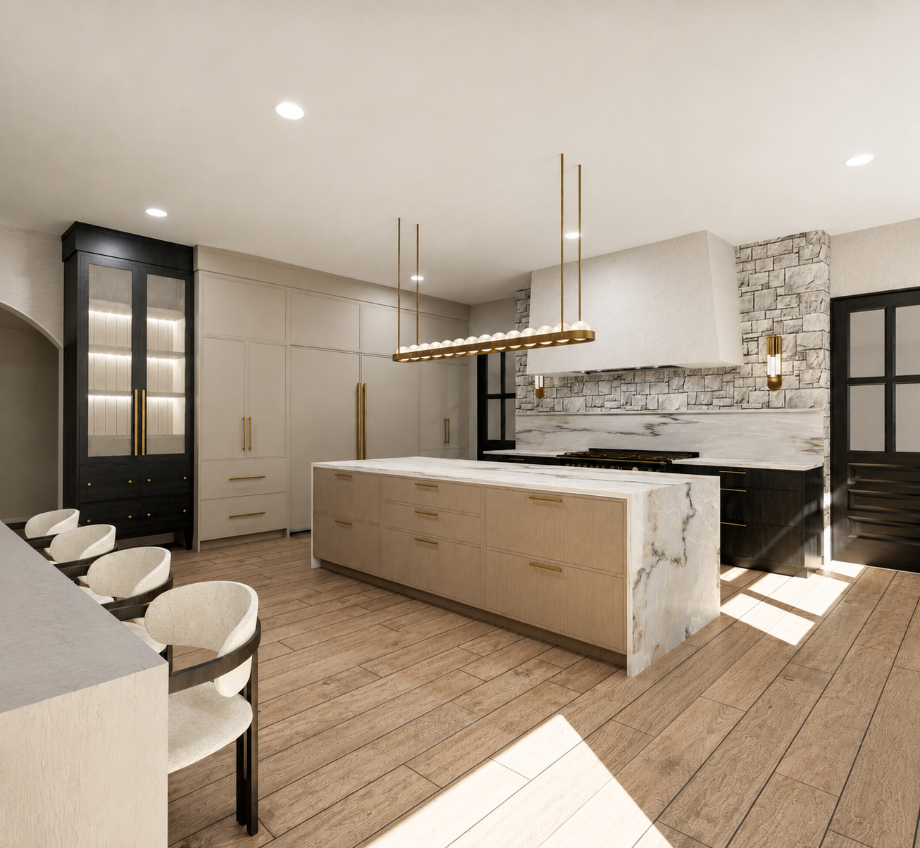 Modern Macomb county kitchen with white and black cabinetry, marble island, stone and marble backsplash, pendant and wall sconces lighting, wooden flooring, and a dining area with beige chairs.