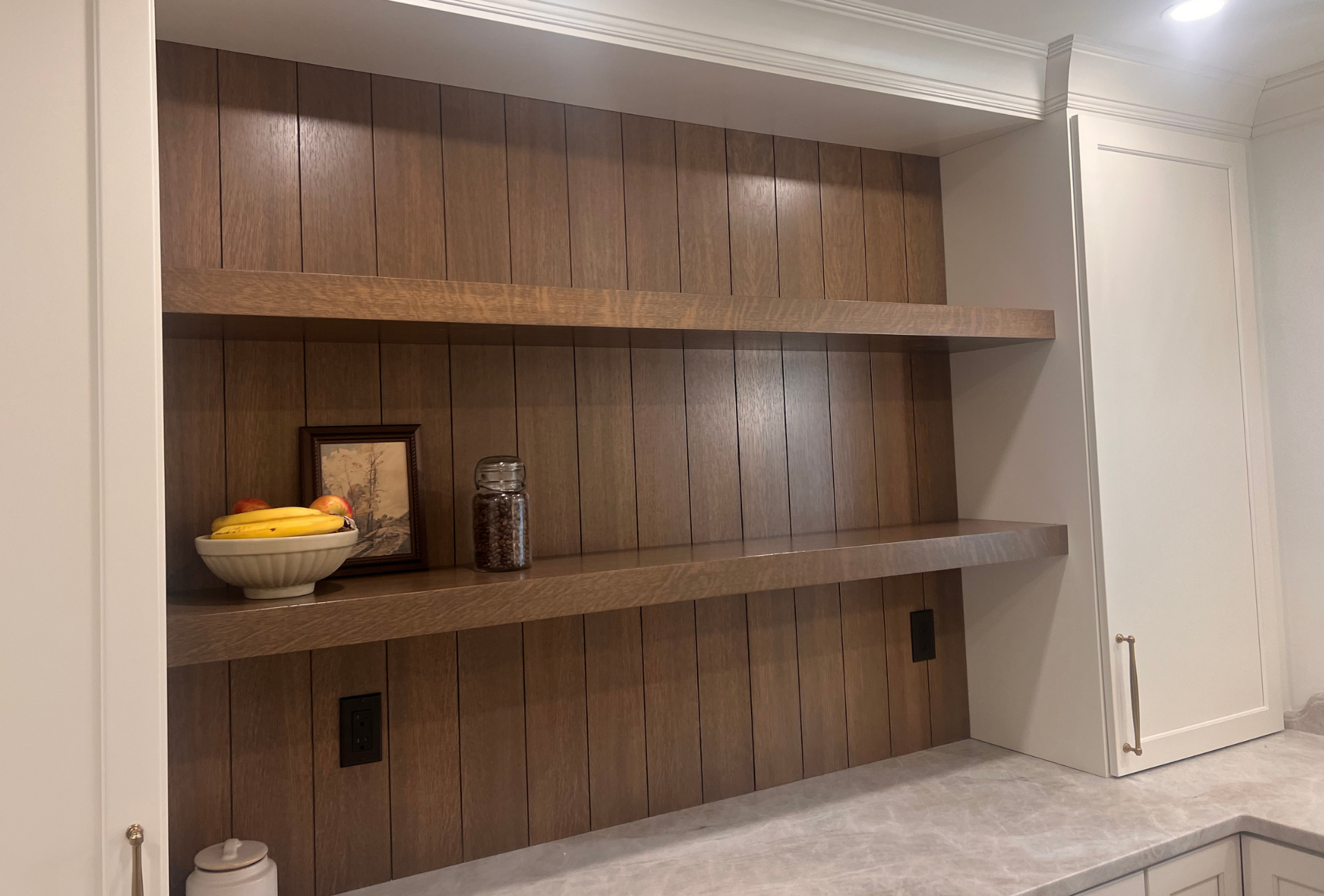 Custom white oak built-in shelving and coffee bar in Oakland County, Michigan 