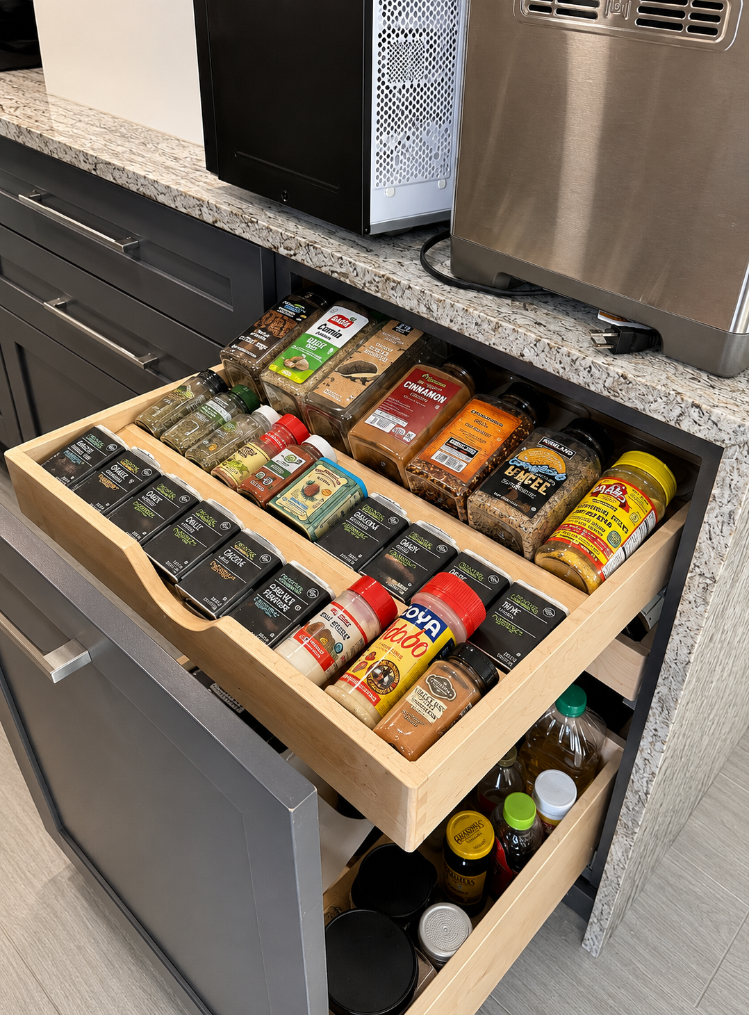Open kitchen drawer and cabinet filled with various spices, seasonings, and cooking ingredients.