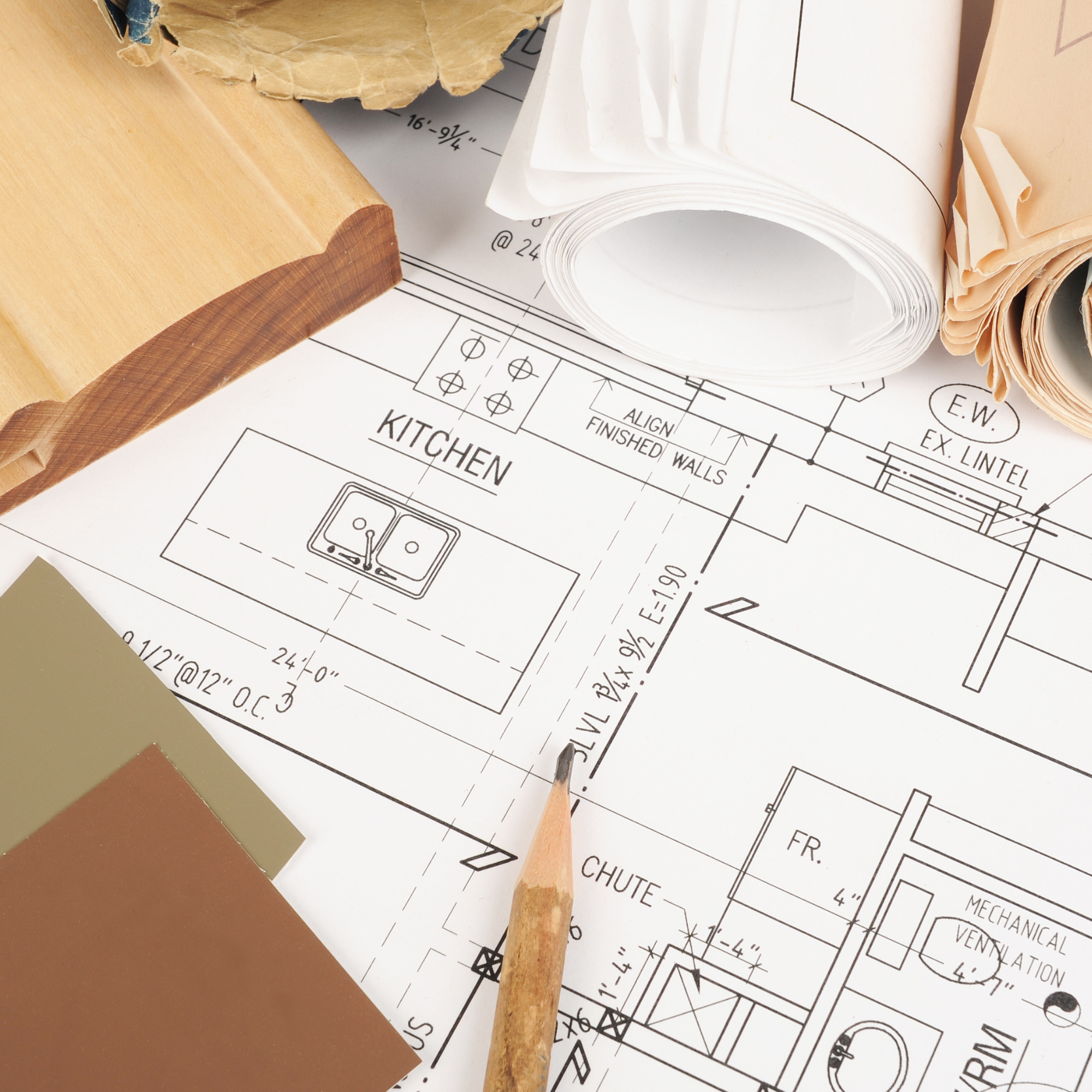 Custom kitchen floor plan blueprint with wood cabinet samples