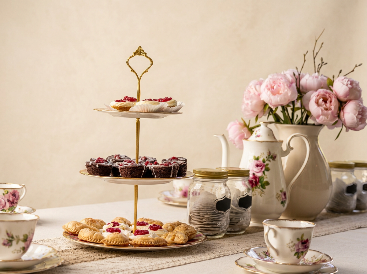 Tea set with floral design, three jars with black labels, a vase of pink peonies, and a tiered tray of assorted cookies and pastries on a table with lace runner.