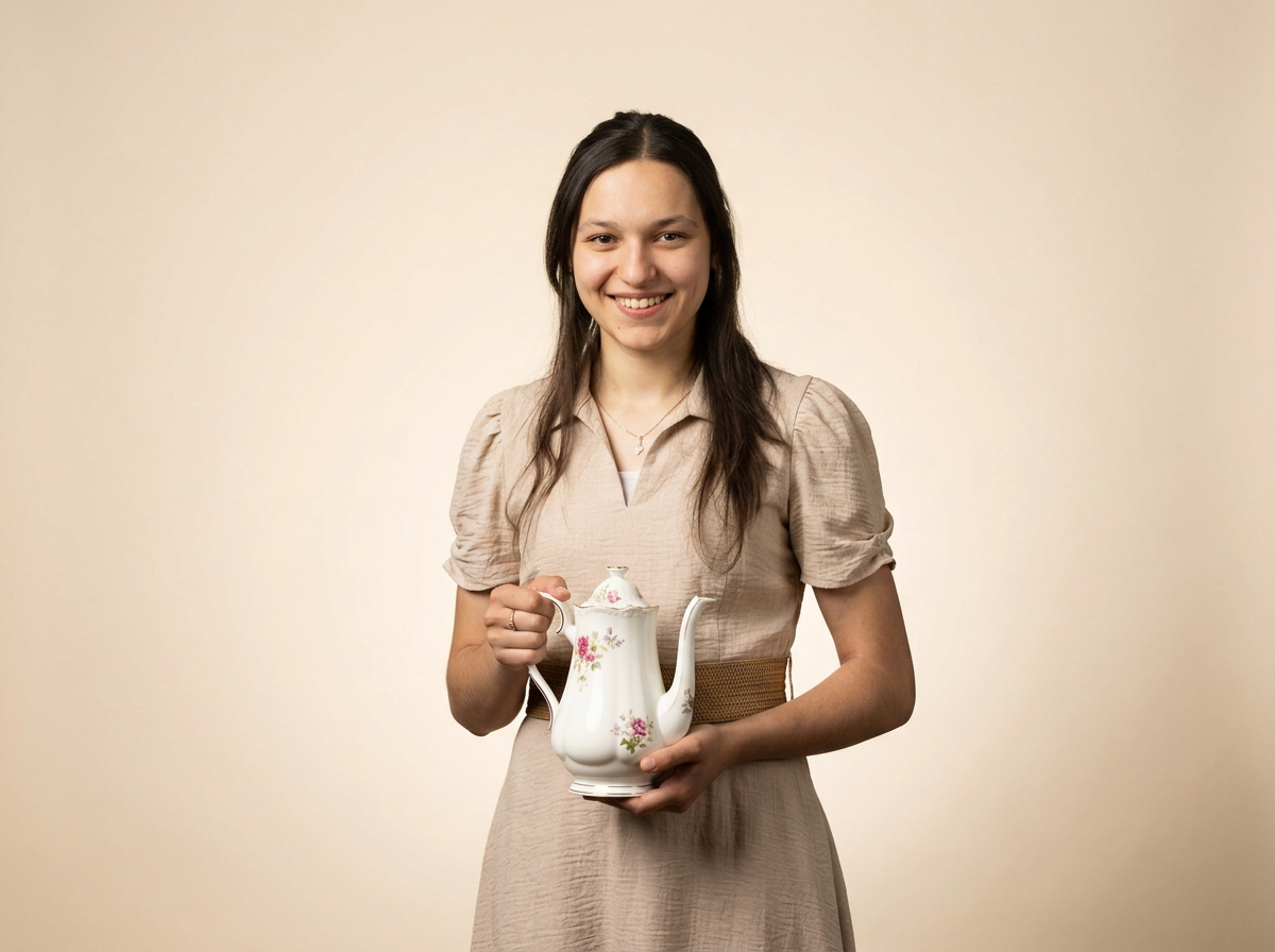 A young woman with long dark hair smiling and holding a floral-patterned teapot, standing in front of a plain beige background.