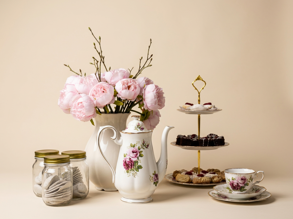 A tea party setup with pink peonies in a white vase, a floral teapot, a teacup with saucer, three jars with lids containing biscuits or cookies, and a tiered tray with various desserts including cookies, brownies, and small cakes, all arranged on a cream-colored background.