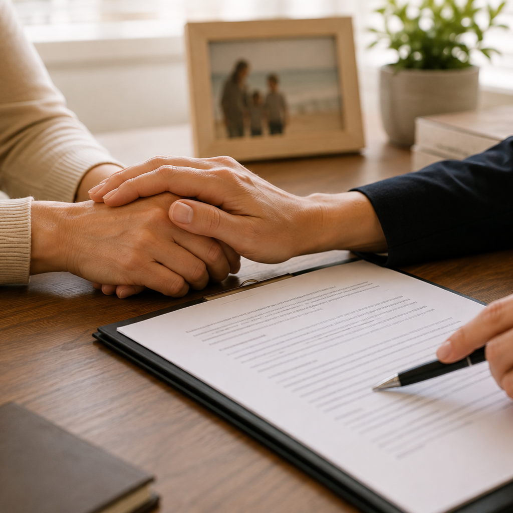 Two people shaking hands across a table with a document and pen, in a bright room with a framed family photo and a potted plant in the background.