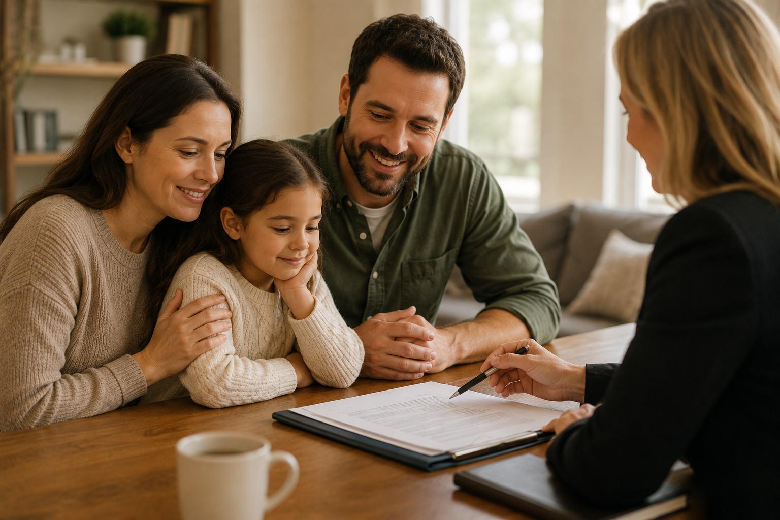 A family of three, a mother, father, and young daughter, sitting at a table with a woman in a black blazer holding a pen over a document. They are smiling and looking at the paper, with a mug in the foreground.