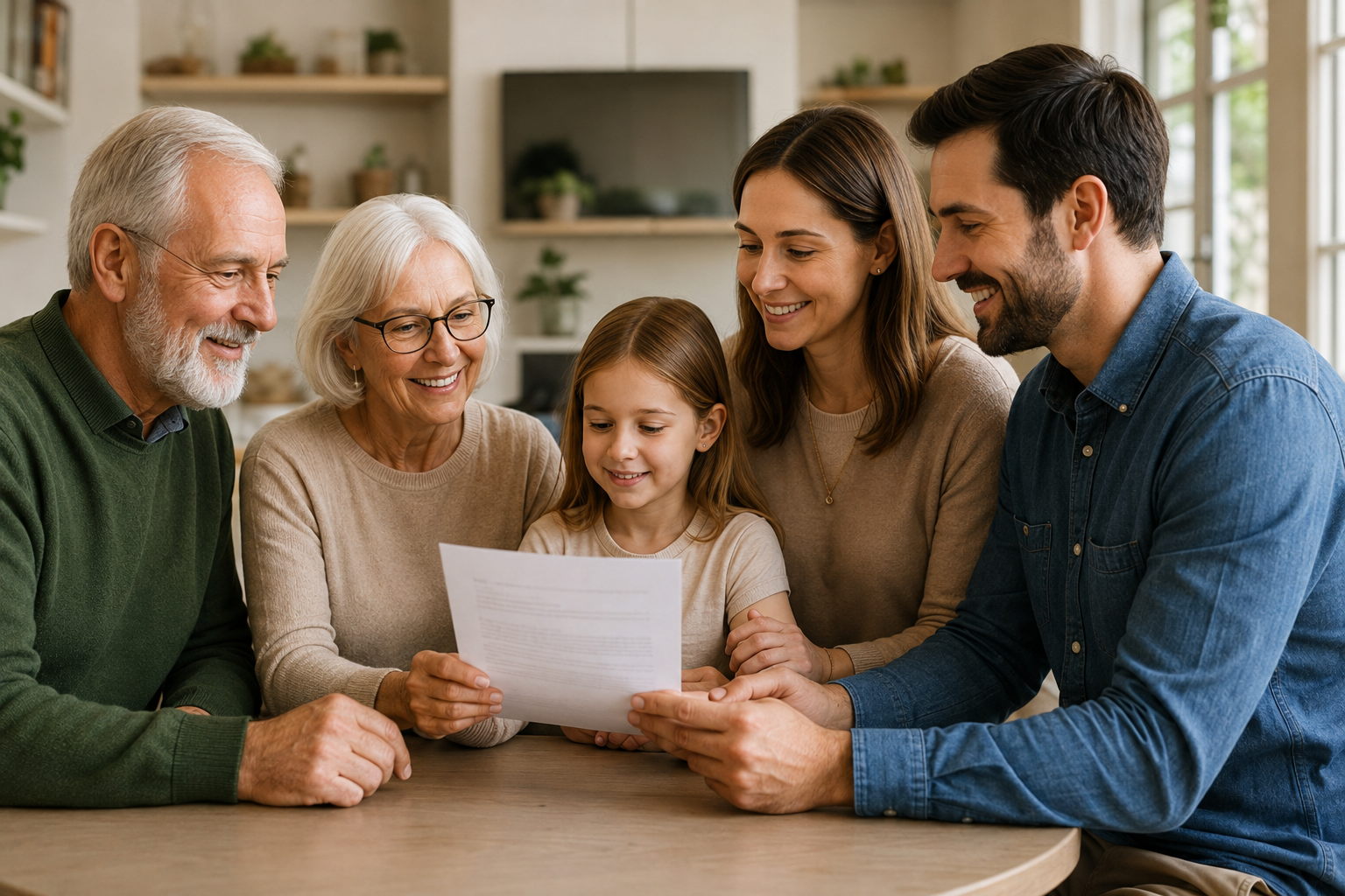 A grandfather and grandmother look over their estate planning with their granddaughter, daughter and son-in-law.